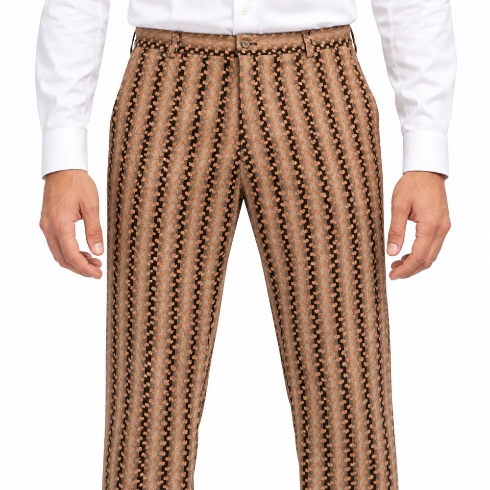 Mens 36 Brown Black Geometric Striped Velvet Straight Fit Dress Pants Trousers